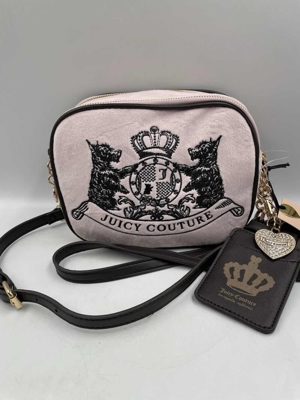 Juicy Couture Classic Scottie Dogs Camera Crossbody W Card Pouch Velour Pink NEW